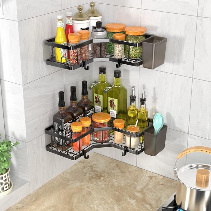 Corner Shower Caddy, 2 Pack Adhesive Shower Corner Organizer Shelves, No Drilling Stainless Steel Shower Storage Rack with Hooks&Toothpaste Holder for Bathroom, Dorm and Kitchen