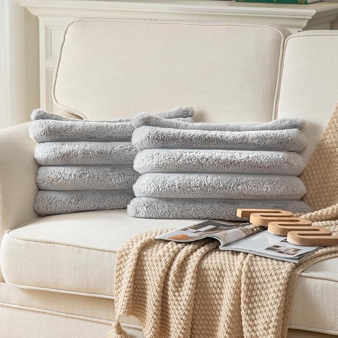 Faux Fur Plush Throw Pillow Covers 12x20 Inch Set of 2 - Luxury Decorative Fuzzy Striped Soft Cozy Pillowcase for Couch, Sofa, Living Room - Light Grey