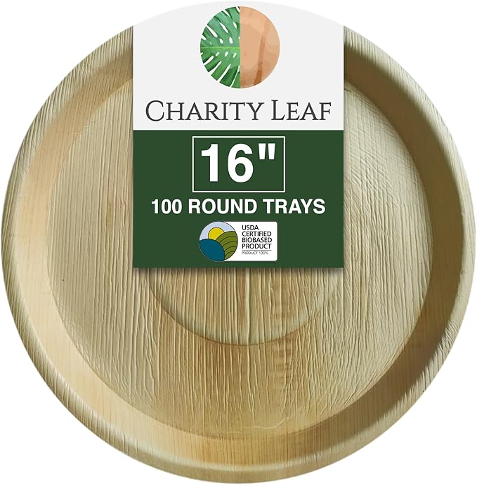 Charity Leaf Disposable Palm Leaf 16" Round Trays (100 pieces) Bamboo Like Serving Platters, Disposable Boards, Eco-Friendly Dinnerware For Weddings, Catering, Events Visit the Store