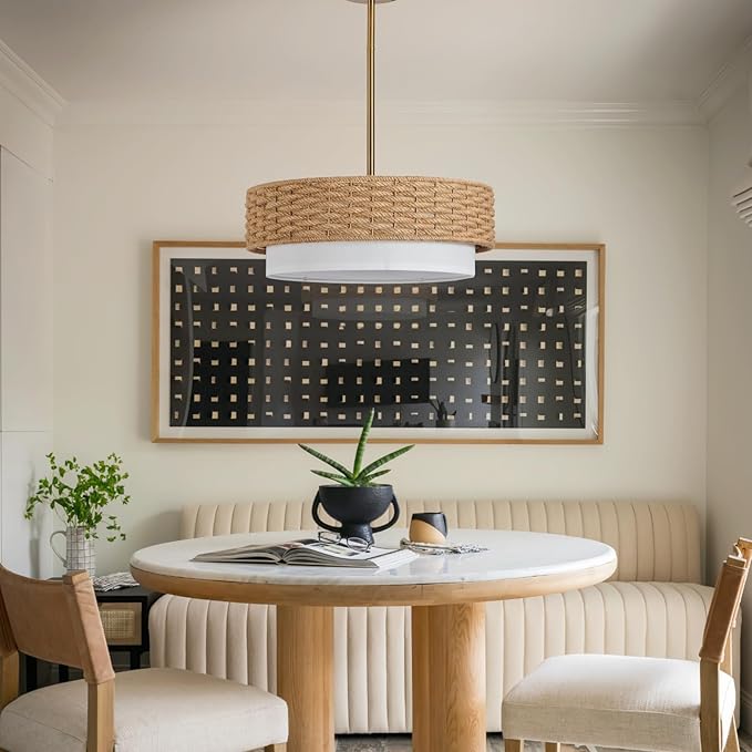 Large Coastal Boho Pendant Lights, 18.9in Woven Rattan Lighting Fixture, 2-Tier Rope Chandelier with Fabric Shade for Kitchen Island, Living Room, Dining Room, Bedroom, Restaurant