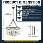 6-Light Black Crystal Chandelier Modern 21.6'' Contemporary Round Pendant Chandeliers Crystal Ball Luxury Ceiling Hanging Lighting for Living Dining Room Kitchen Island Bedroom Entryway Foyer
