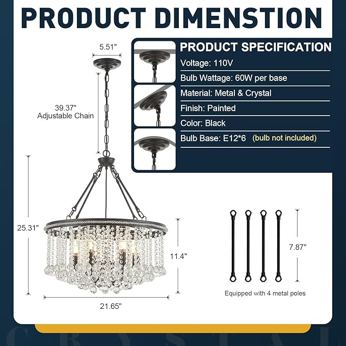 6-Light Black Crystal Chandelier Modern 21.6'' Contemporary Round Pendant Chandeliers Crystal Ball Luxury Ceiling Hanging Lighting for Living Dining Room Kitchen Island Bedroom Entryway Foyer