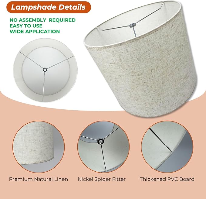 12" Wx 10" H Drum Lampshades, No Assembly Required, Fabric Lampshade for Table Lamp, Bedside Lamp, Floor Lamp, Metal Spider Fitter, Linen