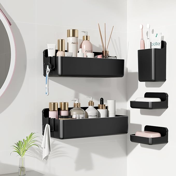 Nieifi Shower Sheves 5 Pack, Adhesive Shower Wall Shelf Organizer for Bathroom Organization, Black