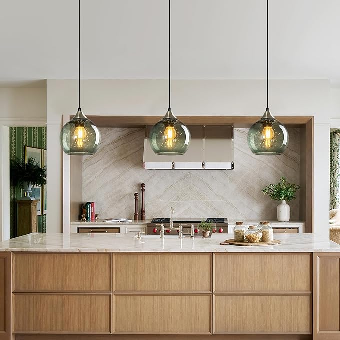 Gray Green Glass Pendant Lights Kitchen Island Lighting Globe Pendant Light Fixtures Modern Pendant Lighting for Kitchen Island Bedroom Living Dining Room Light Fixture(5.9in, 2-Pack)