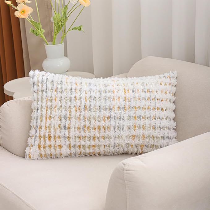 LUOYEHK Boho Throw Pillow Covers 12x20 Inch Set of 2 Chenille Tufted Pillowcase Farmhouse Neutral Lumbar Cushion Covers for Couch Sofa Bed Living Room, Yellow White