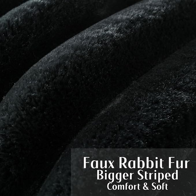 FUTEI Black Decorative Throw Pillow Covers 12x20 Inch Set of 2, Square Soft Faux Rabbit Fur Big Striped Cushion Cover,Home Decor for Couch Sofa Bed Living Room