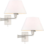 Kira Home Cambridge 15" Swing Arm Wall Lamp - Plug in/Wall Mount + White Fabric Shade, 150W 3-Way + Cord Covers, Satin Nickel Finish, 2-Pack