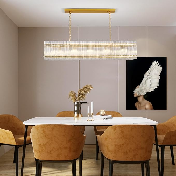 Modern Gold Chandeliers,55 in Chandelier for Dining Room, Rectangular Water Ripple Crystal Glass Chandeliers Lighting Fixture, Suit Living Room、Kitchen Island, Adjustable Hanging Chandelier