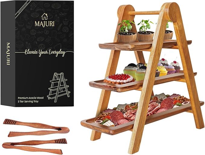 MAJURI 3 Tier Wooden Serving Tray, Halloween Serving Tray, Set of 2 Tongs Free, Tiered Serving Trays for Party, Picnic, Your Perfect Elevated Charcuterie Stand and for 3 Tiered Dessert Stand Lovers