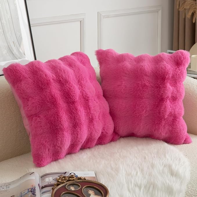 MANDIOO Pack of 2 Thick Plush Wool Decorative Throw Pillow Covers Super Soft Wave Bubble Fur Velvet Cushion Covers Pillow Shams for Couch Bed Living Room 20x20 Inch Hot Pink