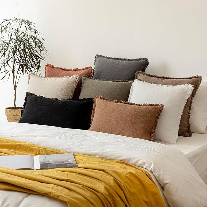 Foindtower Set of 2 Decorative Linen Fringe Lumbar Throw Pillow Covers Boho Farmhouse Cushion Cover with Tassels Soft Accent Pillowcase for Couch Sofa Bed Living Room Home Decor,12×20 Inch,Gray