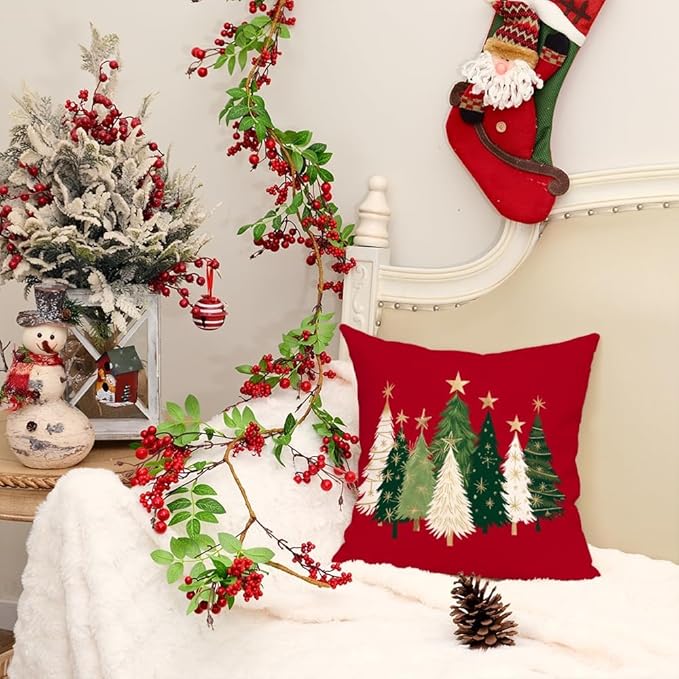 AACORS Christmas Pillow Cover 18X18 Inch Watercolor Christmas Tree Stars Decoration Holiday Farmhouse Winter Pillow Case for Sofa Couch Decor（Red） AA231-18