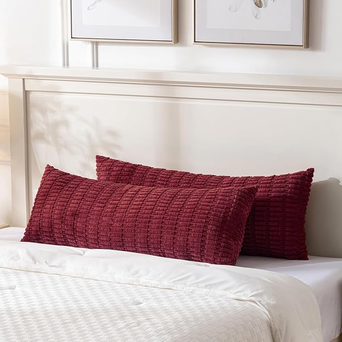 Fancy Homi Burgundy Long Body Lumbar Decorative Throw Pillow Covers 20x54 Inch for Bed Couch Bedroom Bench, Soft Corduroy Rectangle Solid Pillow Case, Rustic Farmhouse Boho Room Decor