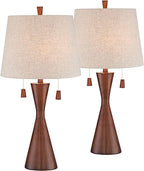 360 Lighting Omar Mid Century Modern Chic Style Table Lamps 28.75" Tall Set of 2 Warm Brown Wood Oatmeal Tapered Drum Shade Decor for Living Room Bedroom House Bedside Nightstand Home