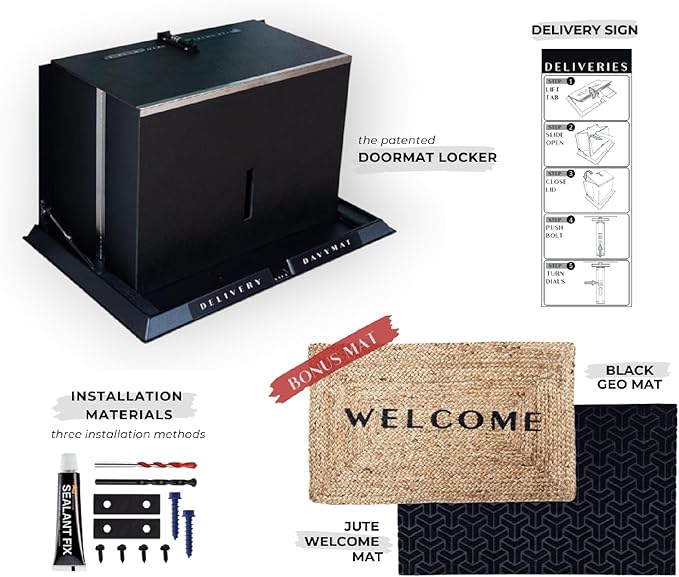 DAVYMAT ~ Transforming Doormat Package Locker/Anti-Theft Lockable Outdoor Parcel Safe/Secure Collapsible Porch Storage/Large 26x18x15" Capacity