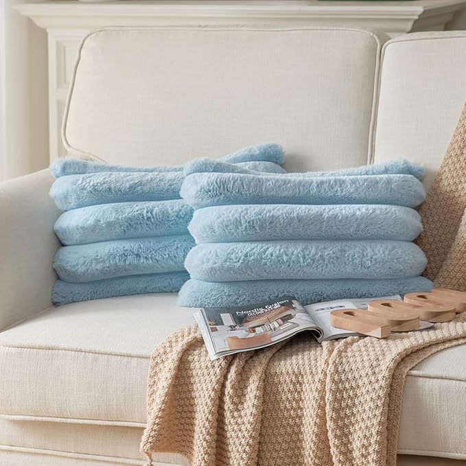 Faux Fur Plush Throw Pillow Covers 12x20 Inch Set of 2 - Luxury Decorative Fuzzy Striped Soft Cozy Pillowcase for Couch, Sofa, Living Room - Blue