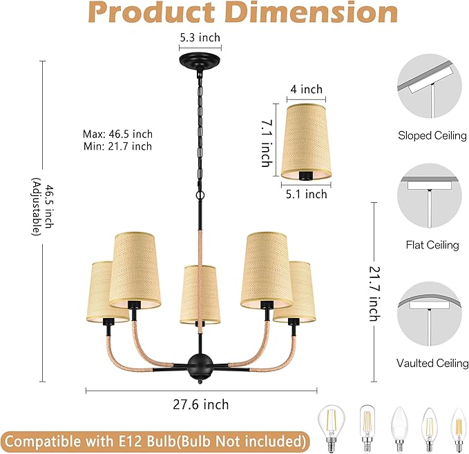 28" Black Boho Rattan Chandelier for Living Room 5-Light Coastal Boho Pendant Light Fixture Bedroom Adjustable Rustic Farmhouse Chandeliers for Dining Room Kitchen Island Foyer Entryway