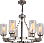 Dining Room Lighting Fixtures Hanging Brushed Nickel Kitchen Modern Chandelier Over Tables 6 Light with Glass Pendant Light for Dining Room Living Bedroom