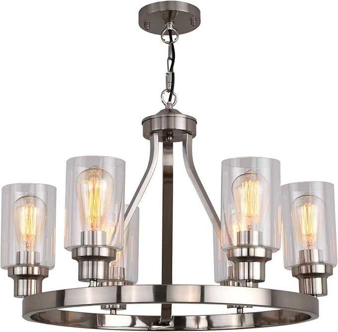Dining Room Lighting Fixtures Hanging Brushed Nickel Kitchen Modern Chandelier Over Tables 6 Light with Glass Pendant Light for Dining Room Living Bedroom
