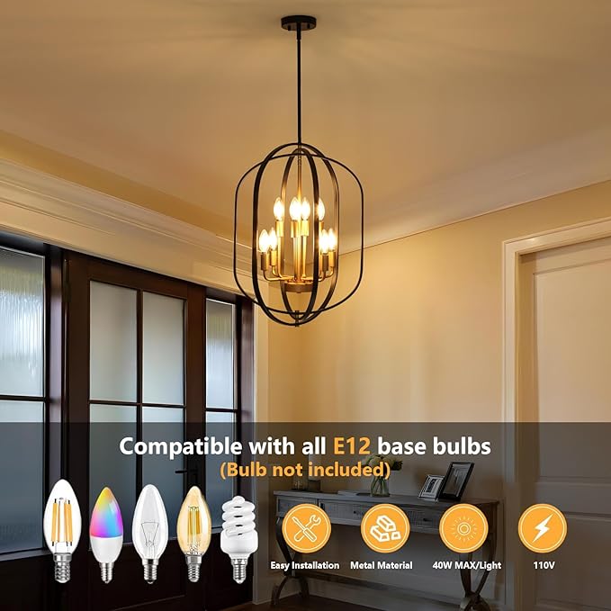 Black and Gold Chandelier for Dining Room, 8-Light Farmhouse Entryway Light Fixture Adjustable Pendant Lights Kitchen Island Rustic Kitchen Chandelier for Entryway, Living Room, Foyer
