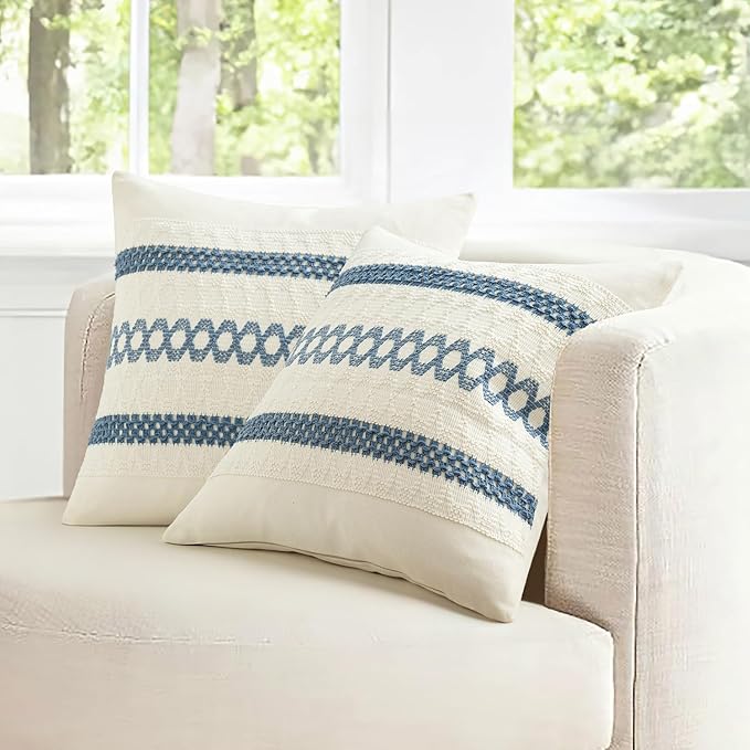 MIULEE Set of 2 Coastal Blue Boho Decorative Lumbar Pillow Covers 12x20 Inch Farmhouse Rustic Couch Throw Pillows Modern Summer Cushion Covers Retro Cute Macrame Woven Home Decor for Bed Sofa Chair
