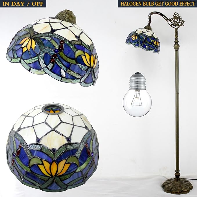 WERFACTORY Tiffany Floor Lamp Blue Lotus Flower Stained Glass Arched Lamp 12X18X64 Inch Gooseneck Adjustable Corner Standing Reading Light Decor Bedroom Living Room S220 Series