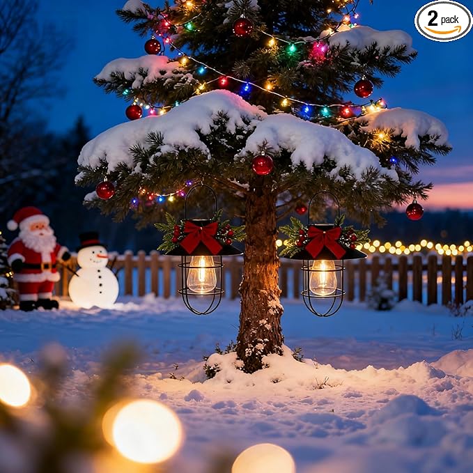 2 Pack ‌Christmas Solar Lanterns Outdoor Waterproof Ideal as Gifts for Women, Mothers and Wife. Vintage-Style Hanging Solar Lights Suitable for Outdoor Use in Yards, Patios, Backyards and Porches.