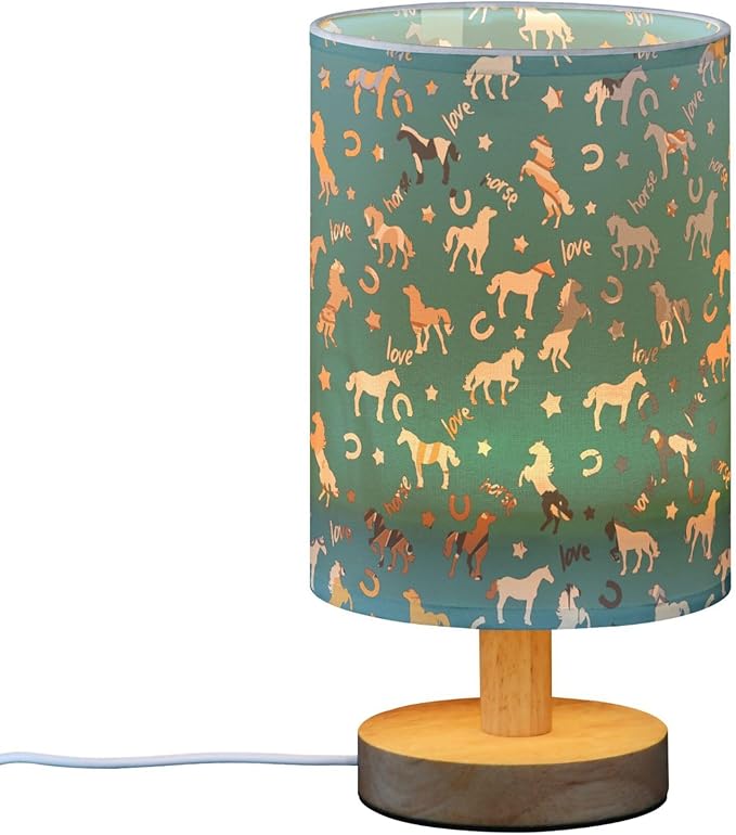 Table Lamp Horse Pattern Colorful Star Horseshoes Letter Nightstand Lamp with Wood Base Fabric Lamp Shade Bedside Desk Lamp for Living Room Bedroom Kids Room Office