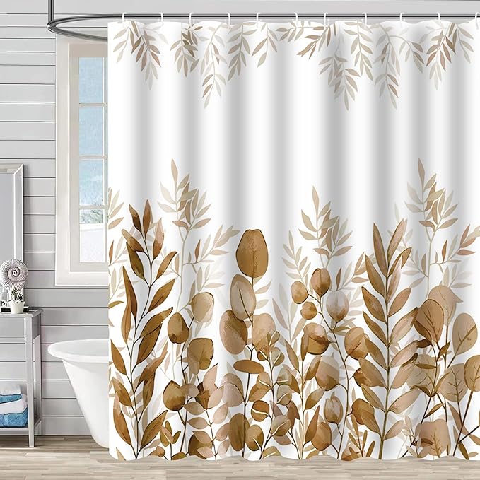 Brown Eucalyptus Shower Curtain Tan Watercolor Plant Leaves Shower Curtains for Bathroom Waterproof Polyester Fabric Bathroom Curtain 72 x 72 Inch with 12 Hooks