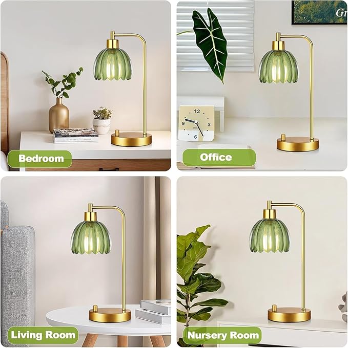 Green Table Lamp Set of 2,Small Glass Bedside Lamps Dimmable Boho Bedroom Lamp with Tulip Flower Lamp Shade,Gold Vintage Mid Century Modern Mini Nightstand Lamp for Bedroom Living Room