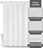 Inhousolu Boho Farmhouse Shower Curtain with Fabric Liner Set, Faux Linen Textured, 8 Metal Hooks Luxury Weighted Hem, Washable Wrinkle Free Bath Curtain for Hotel Bathroom 36" W x 72" L White