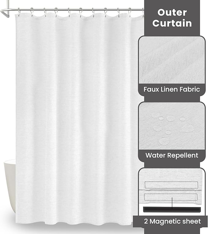 Inhousolu Boho Farmhouse Shower Curtain with Fabric Liner Set, Faux Linen Textured, 12 Metal Hooks Luxury Weighted Hem, Washable Wrinkle Free Bath Curtain for Hotel Bathroom 60" W x 72" L White