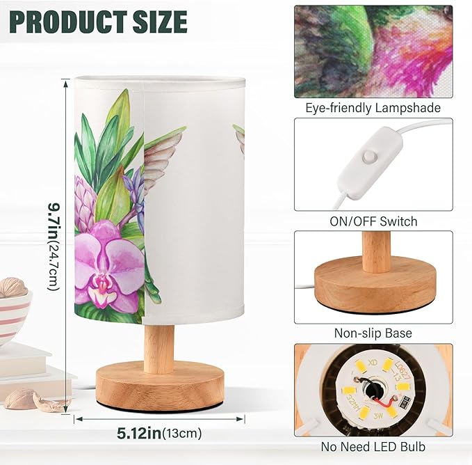 Table Lamp Flying Hummingbird Nature Tropical Orchid Flower Jungle Leaves Nightstand Lamp with Wood Base Fabric Lamp Shade Bedside Desk Lamp for Living Room Bedroom Kids Room Office