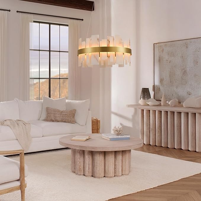 Alabaster Round Chandelier, D24 Inch Natural Spanish Marble Stone Texture Chandeliers, Dimmable Dining Room Chandelier over Table, Modern Luxury Lighting for Living Room, Bedroom, Entryway, Foyer