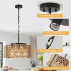 Rattan Chandelier,4-Light Chandeliers for Dining Room Hand Woven Rattan Light Fixture Farmhouse Chandelier for Kitchen Island Bedroom, Living Room, Entryway, Foyer (E26 Bulbs Not Included