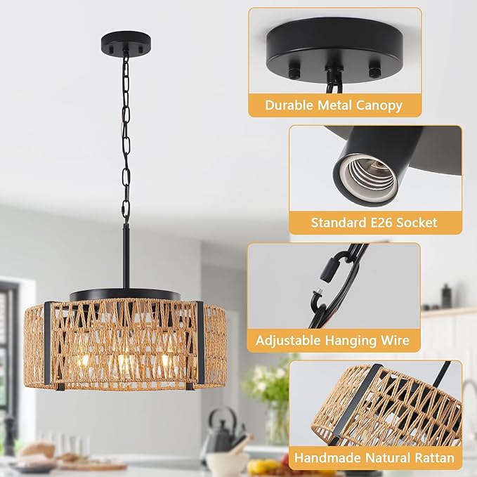 Rattan Chandelier,4-Light Chandeliers for Dining Room Hand Woven Rattan Light Fixture Farmhouse Chandelier for Kitchen Island Bedroom, Living Room, Entryway, Foyer (E26 Bulbs Not Included