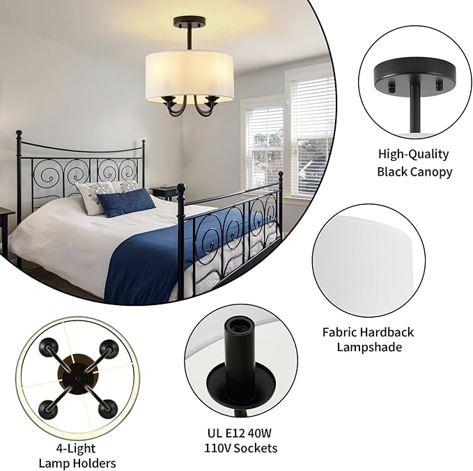 Semi Flush Mount Ceiling Light Fixture Black 4-Light Modern Chandelier Ceiling Light Fixtures Mount with White Drum Fabric Shade 12.6 inch Close to Ceiling Lighting for Foyer,Kitchen, Entryway