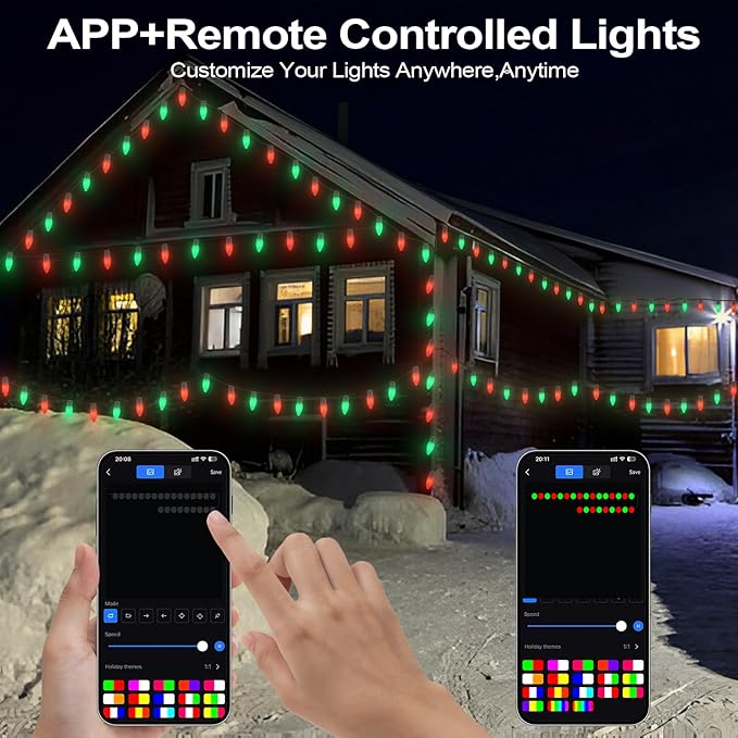 Christmas Outdoor Lights C9 33FT 50 LEDs, Smart APP Remote Control RGB String Lights Plug in, DIY Chasing Xmas Lights, Color Changing with Timer & Music Sync for Holiday Xmas Tree Decoration