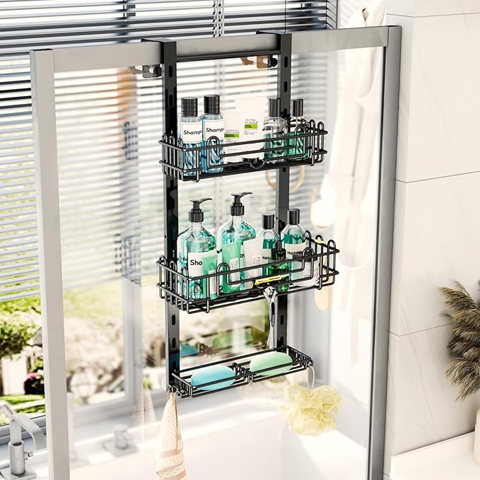 HapiRm 3 Tier Over the Door Shower Caddy, Hanging Shower Caddy with 16 Hooks and 2 Soap Holders, No Drilling Adjustable Hanging Bathroom Organizer - Black