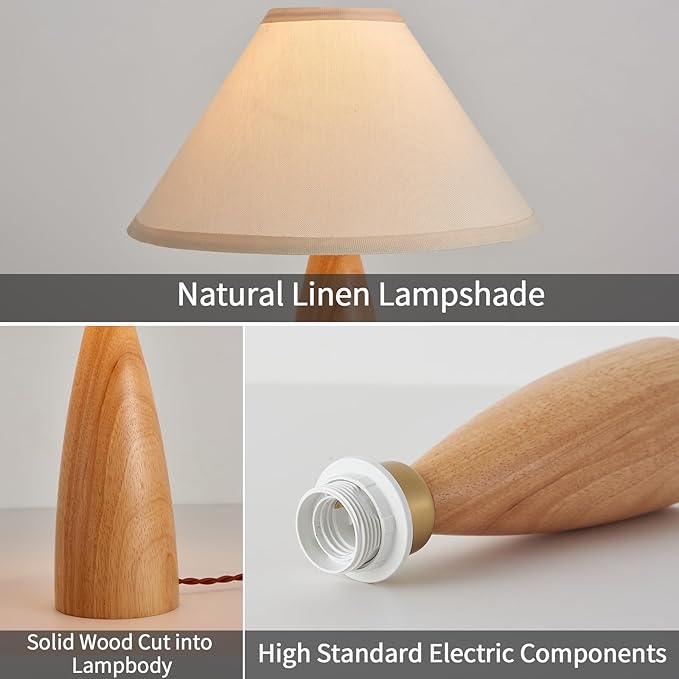 Bedside Table Lamp for Bedroom, Mid-Century Modern Plug in Fabric Shade & Solid Wood Base Desk Lamp, Plug & Play Natural Wood Nightstand Lamp for Living Room, Office, Switch Power Cord 【Bulb Included】