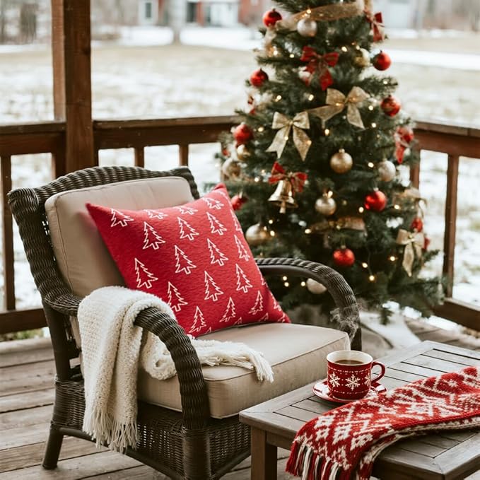 Christmas Chenille Pillow Covers 20x20 Set of 2, Reversible Snowflake & Tree Design, Cozy Farmhouse Holiday Throw Pillowcases with Hidden Zipper for Sofa, Couch and Bed(Red,20x20)