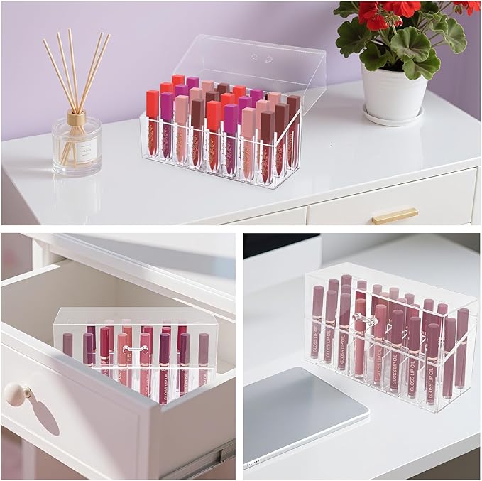 Acrylic Lip Gloss Organizer & Beauty Makeup Holder for Drawer, Cosmetics Pallets Countertop Clear Storage, 24 Space Organization Container Storage for Tall Lip Gloss, Clear