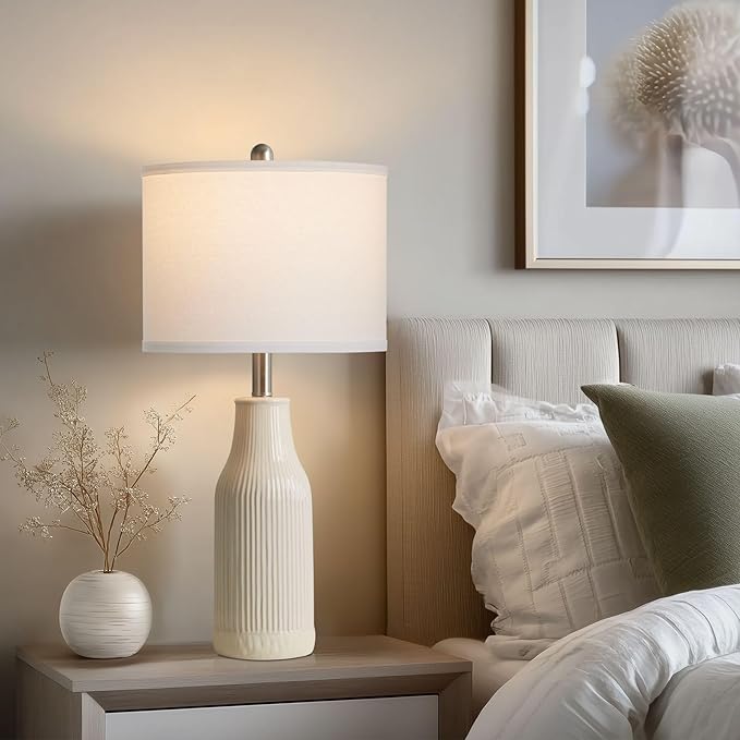 24.5″ Modern Ceramic Table Lamp for Nightstand, Farmhouse Bedside Lamp for Bedroom, Small Table Lamps for Living Room End Table, Beige (1 Pack)