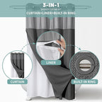Charcoal Grey No Hook Waffle Weave Shower Curtain with snap-in Liner Replacement, 230GSM Waterproof Fabric Hotel Shower Curtain Set for Bathroom, Through Mesh Top Window,54Wx80H