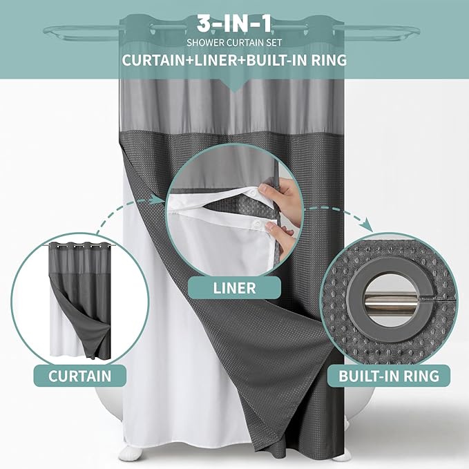 Charcoal No Hook Waffle Weave Shower Curtain with snap-in Liner Replacement, 230GSM Waterproof Fabric Hotel Shower Curtain Set for Bathroom, Through Mesh Top Window,60Wx74H