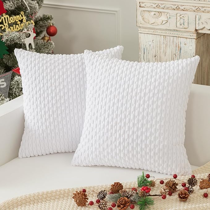 Kevin Textile Pack of 2 Corduroy Decorative Throw Pillow Covers 22x22 Inch Soft Boho Striped Pillow Covers Modern Farmhouse Home Decor for Spring Sofa Living Room Couch Bed Pure White