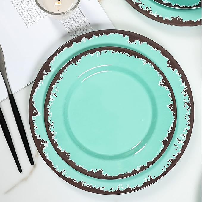 Rustic Melamine Dinnerware Set,12-Piece Plates and Bowls Sets,Yinshine Unbreakable Melamine Dish Set,Lightweight,Service for 4,Dishwasher Safe,Green