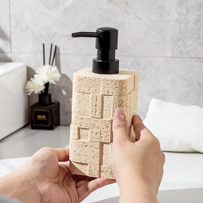Soap Dispensers 400mL 13.5 OZ, 2 PCS Luxurious Hand Dish Lotion Shampoo Soap Dispenser Jar, Travertine Stone Look Soap Pump Bottles for Kitchen Bathroom Countertop (Yellow)