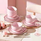 KINGSTONE Bone China Dinnerware Sets, 24-Piece Dinnerware Set for 8, Lightweight Durable, Dishwasher Safe, Tableware for Daily Use with Elegant Design, Pink